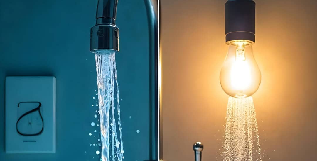 Wasserhahn und Glühbirne mit fließendem Wasser